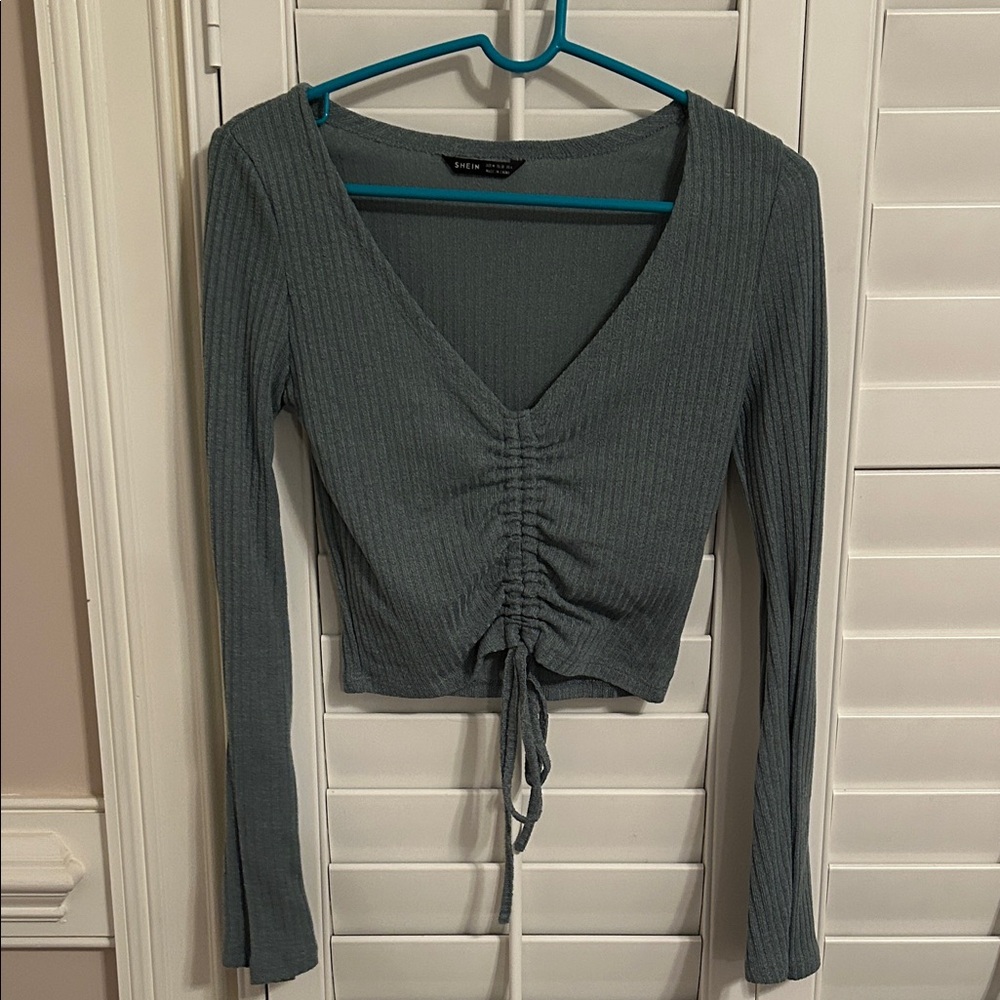 SHEIN Ribbed V-Neck Ruched Long Bell Sleeve Top - Gray